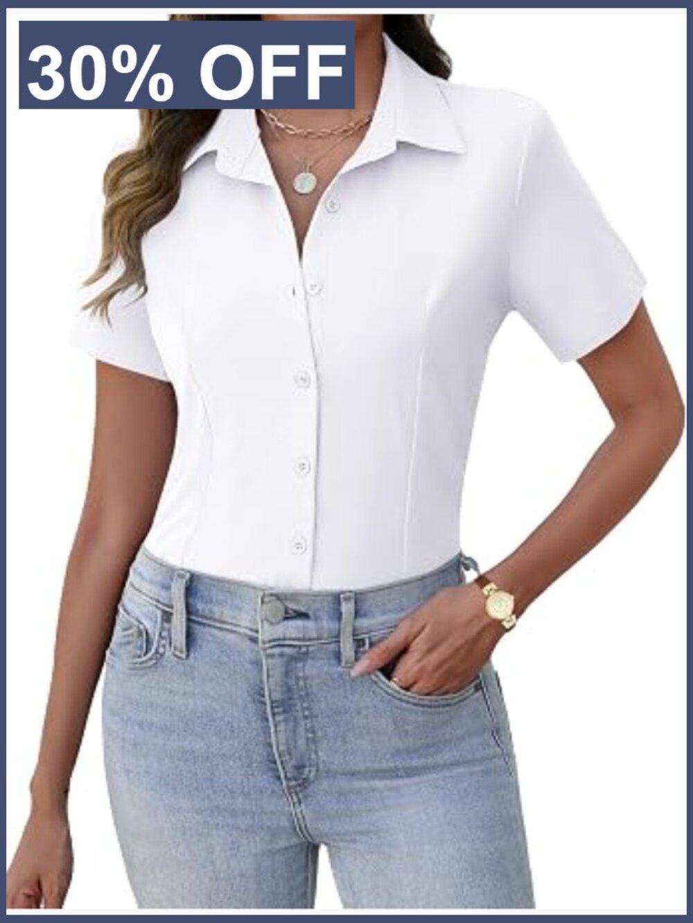 Women's Short Sleeve Button Down Shirt Blouse Work Top Oxford Collared Slim Fit